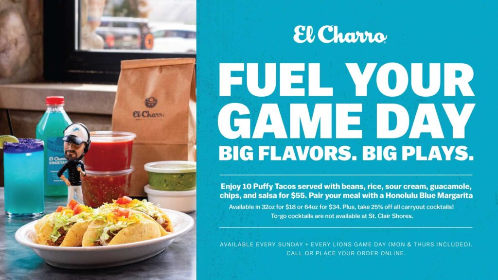 Enjoy 10 Puffy Tacos served with beans, rice, sour cream, guacamole, chips, and salsa for $55. Pair your meal with a Honolulu Blue Margarita Available in 32oz for $18 or 64oz for $34. Plus, take 25% off all carryout cocktails! To-go cocktails are not available at St. Clair Shores.